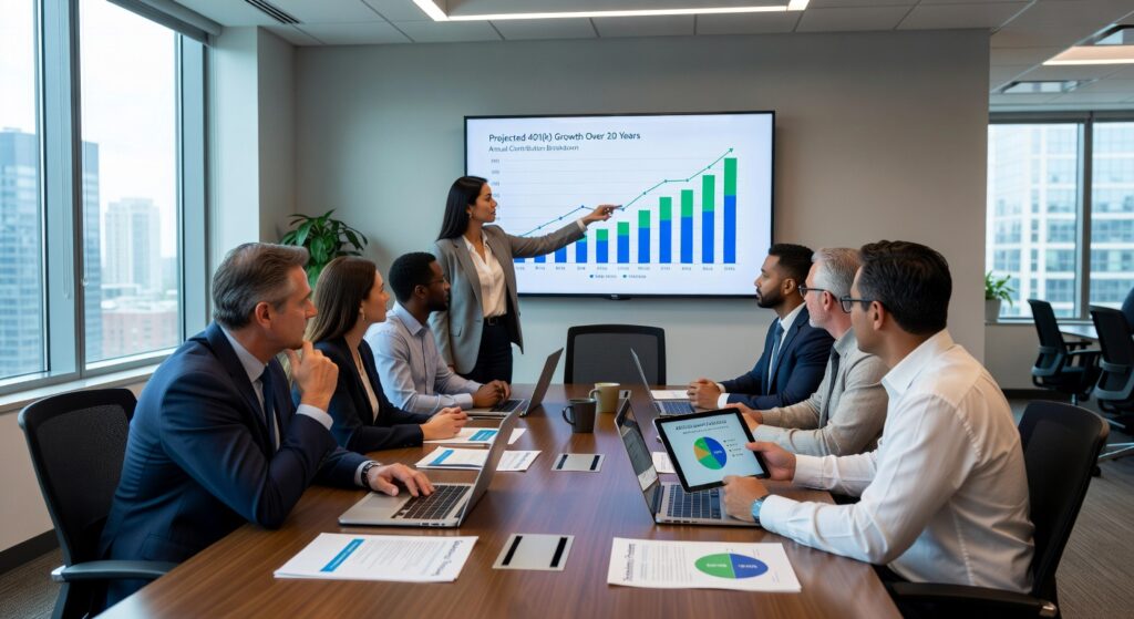 Professional US office setting with employees discussing retirement plans, financial charts, and 401(k) savings concepts