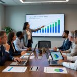 Professional US office setting with employees discussing retirement plans, financial charts, and 401(k) savings concepts